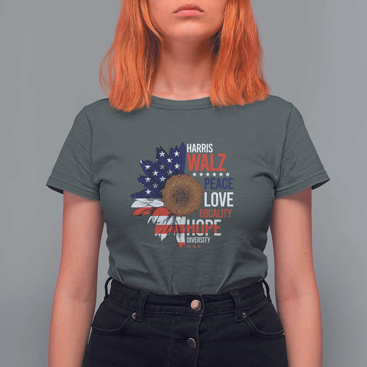 Harris Walz Supporter T Shirt For Women Peace Love Equality Hope Diversity Sunflower USA Flag - Wonder Print Shop