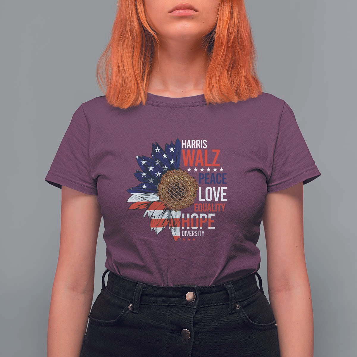 Harris Walz Supporter T Shirt For Women Peace Love Equality Hope Diversity Sunflower USA Flag - Wonder Print Shop