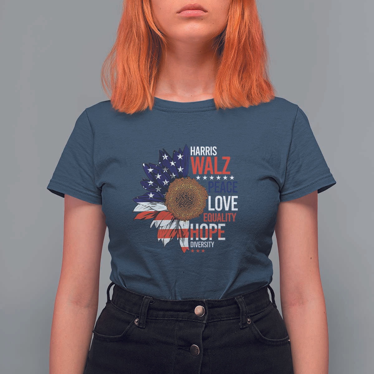 Harris Walz Supporter T Shirt For Women Peace Love Equality Hope Diversity Sunflower USA Flag - Wonder Print Shop