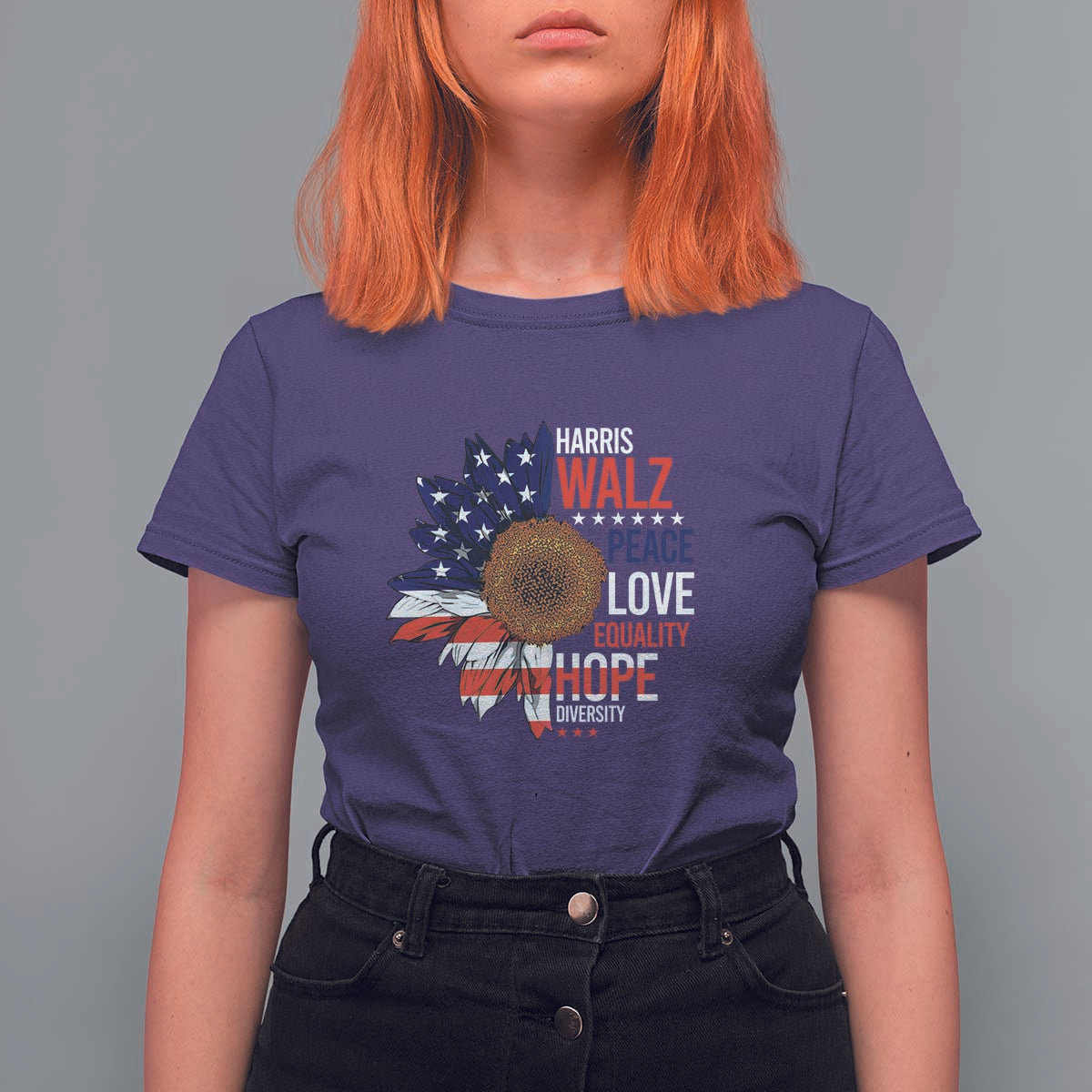 Harris Walz Supporter T Shirt For Women Peace Love Equality Hope Diversity Sunflower USA Flag - Wonder Print Shop
