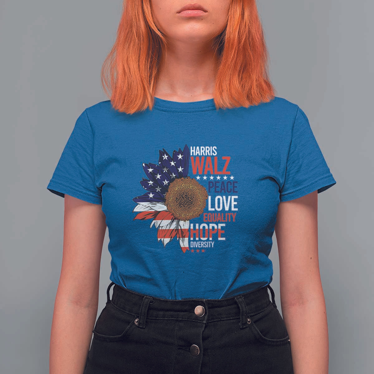 Harris Walz Supporter T Shirt For Women Peace Love Equality Hope Diversity Sunflower USA Flag - Wonder Print Shop