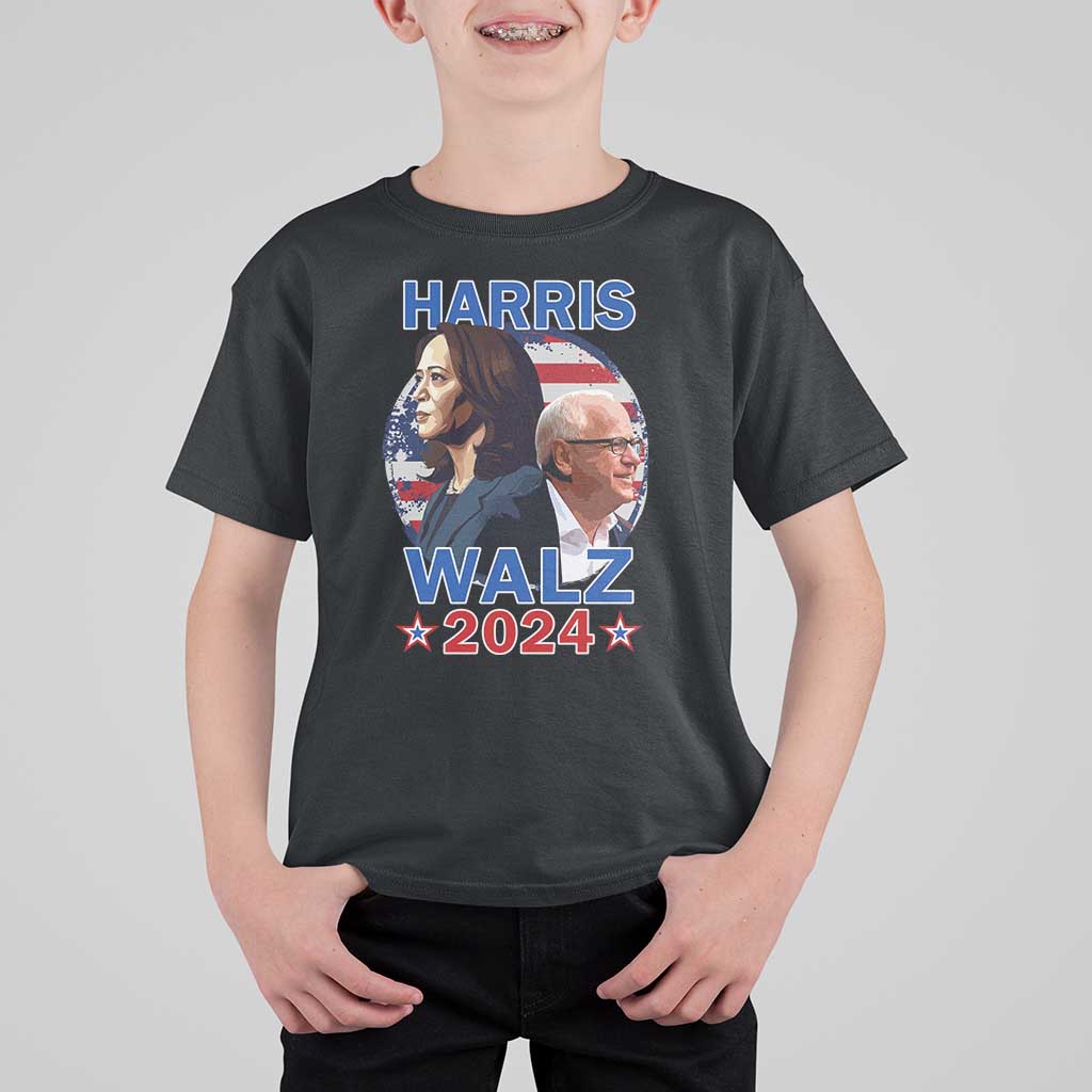 Harris Walz 2024 T Shirt For Kid Presidential Election Star USA Flag - Wonder Print Shop