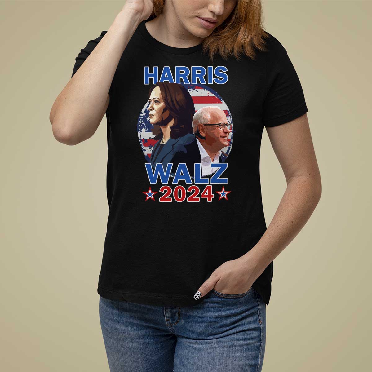 Harris Walz 2024 T Shirt For Women Presidential Election Star USA Flag - Wonder Print Shop