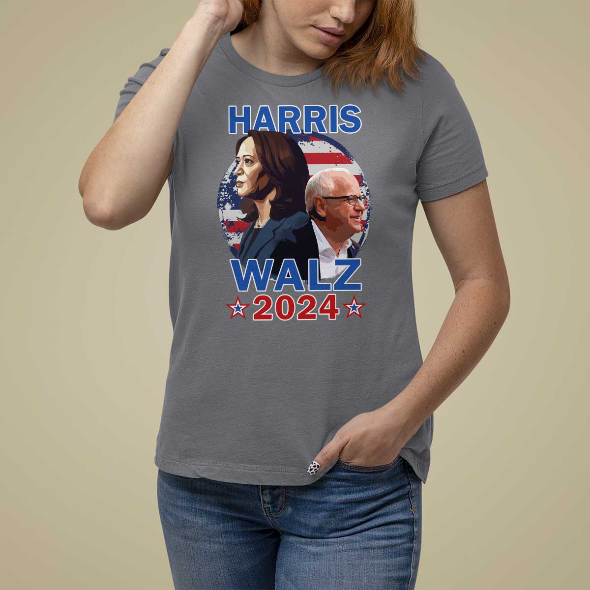 Harris Walz 2024 T Shirt For Women Presidential Election Star USA Flag - Wonder Print Shop