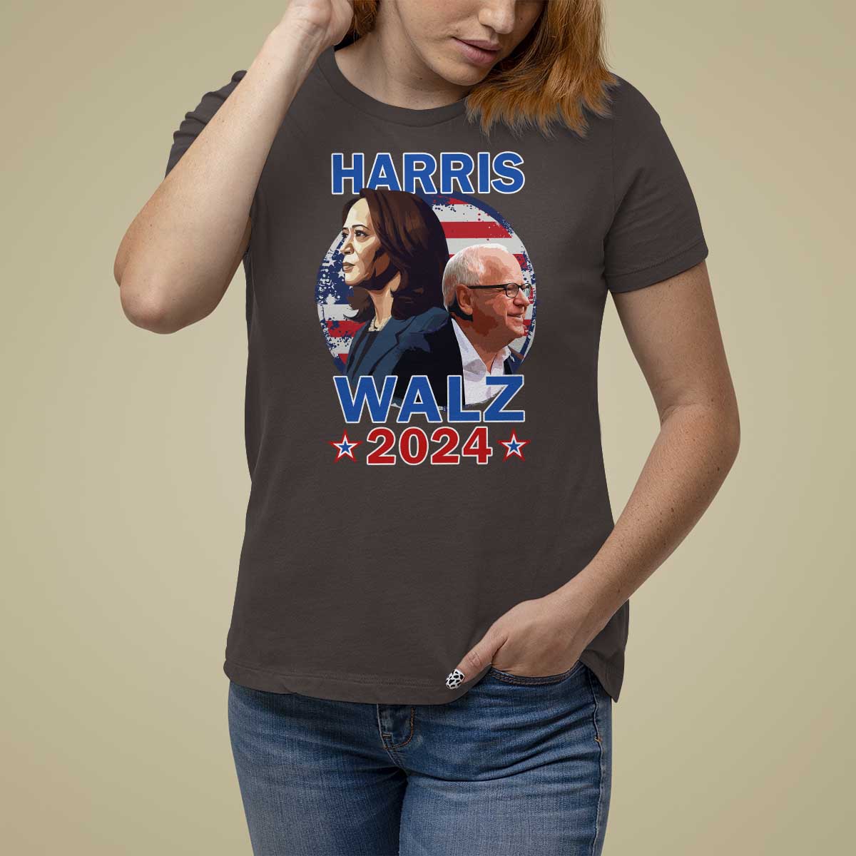 Harris Walz 2024 T Shirt For Women Presidential Election Star USA Flag - Wonder Print Shop