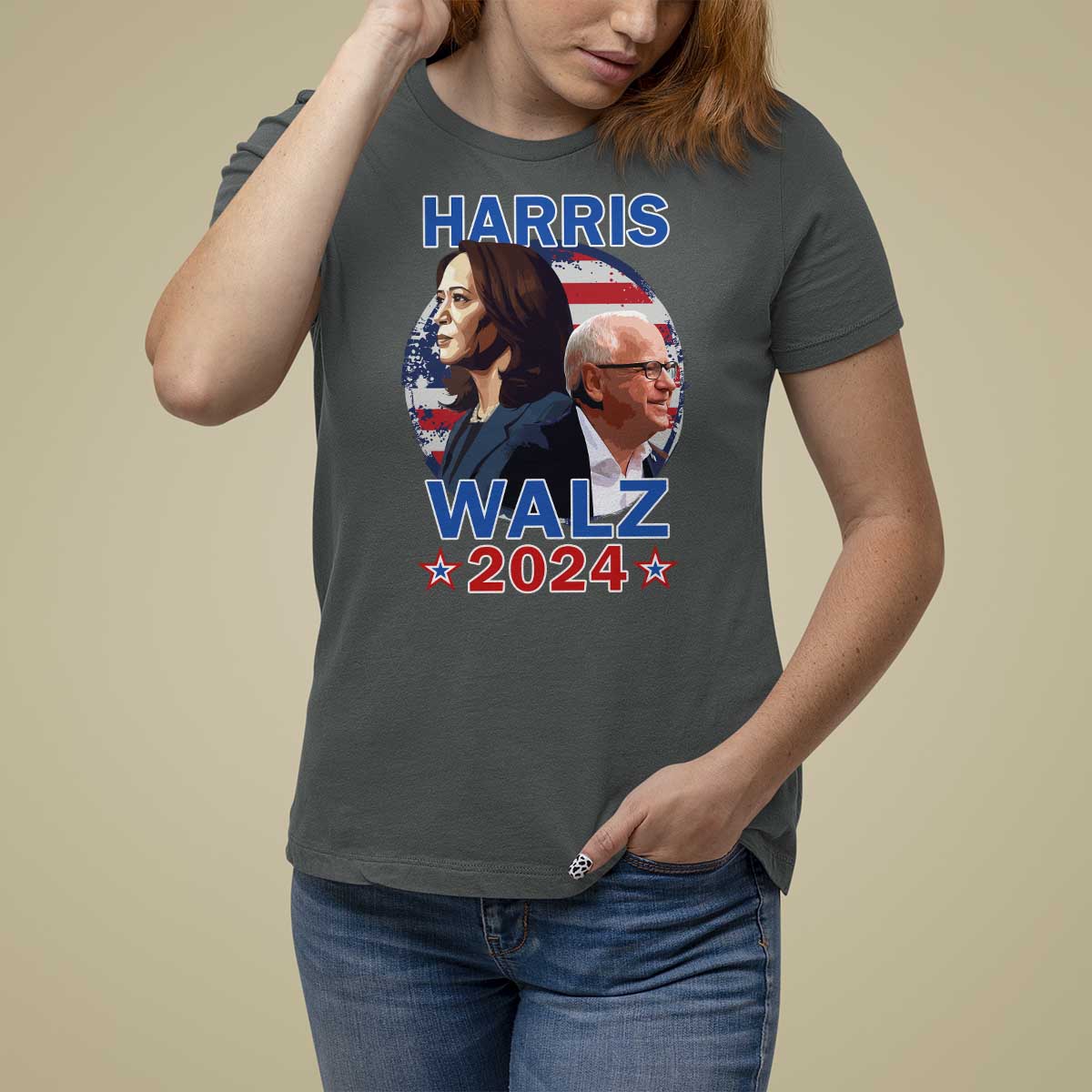 Harris Walz 2024 T Shirt For Women Presidential Election Star USA Flag - Wonder Print Shop