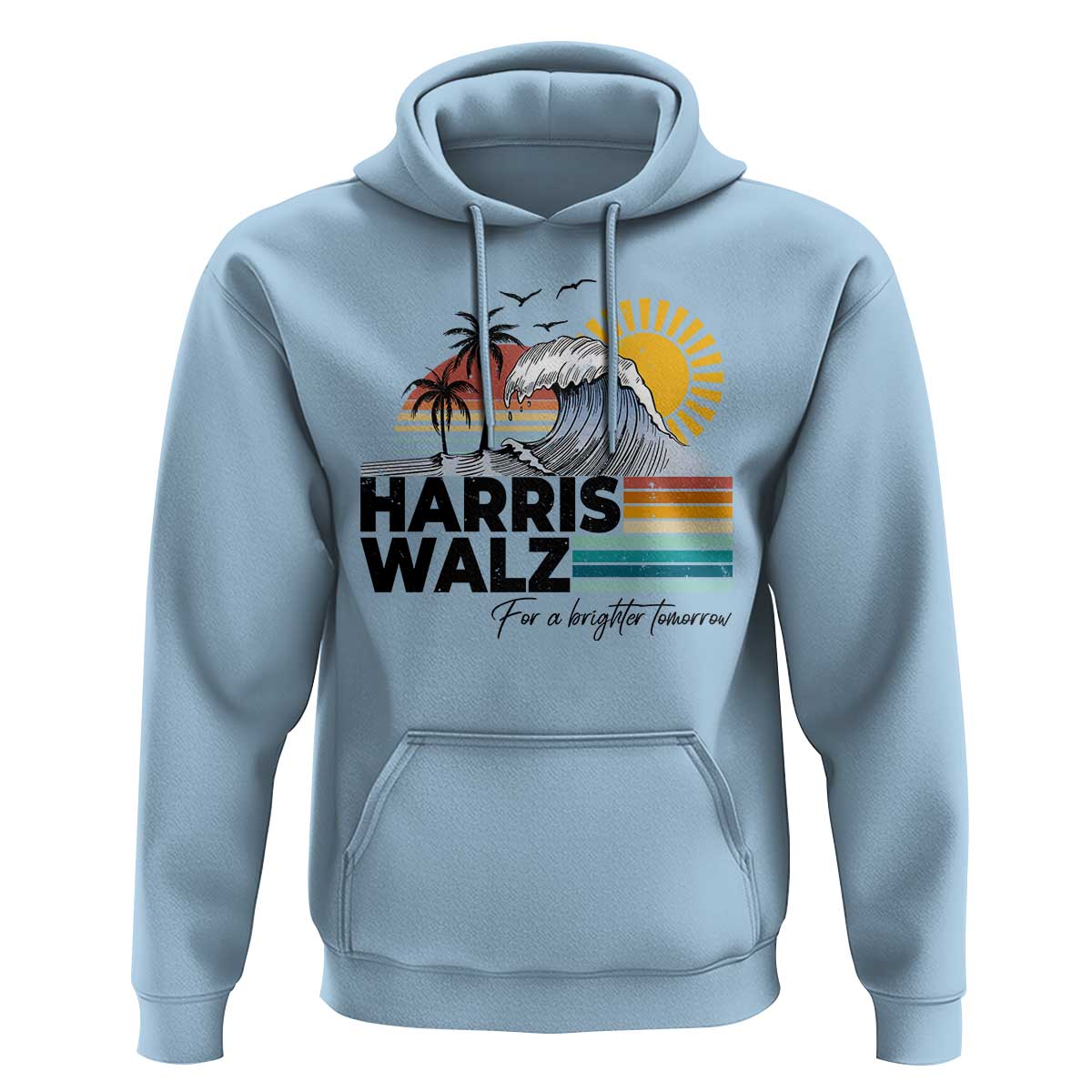 Harris Walz For A Brighter Tomorrow Hoodie Retro Sunshine Blue Wave Coconut Tree - Wonder Print Shop