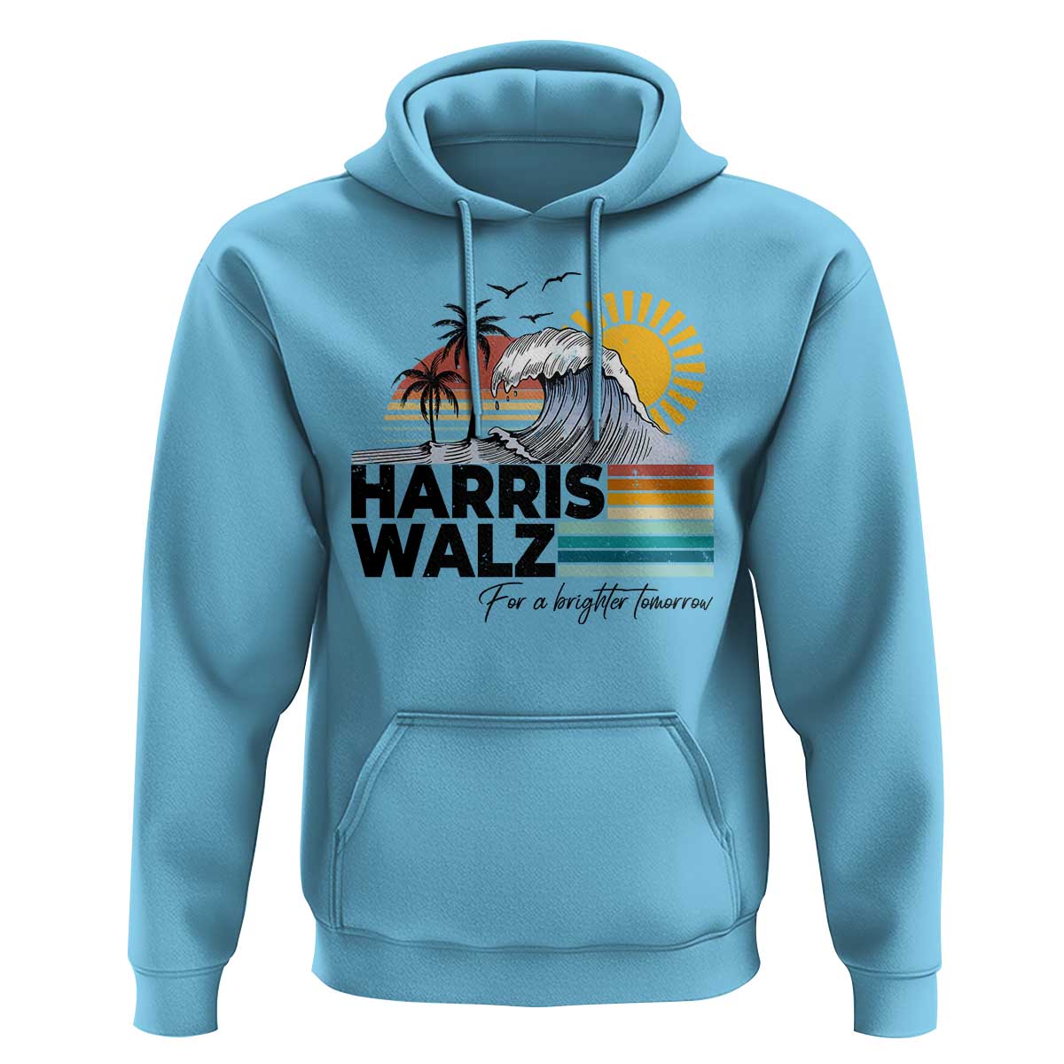 Harris Walz For A Brighter Tomorrow Hoodie Retro Sunshine Blue Wave Coconut Tree - Wonder Print Shop