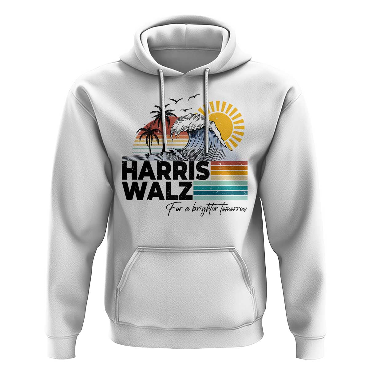 Harris Walz For A Brighter Tomorrow Hoodie Retro Sunshine Blue Wave Coconut Tree - Wonder Print Shop