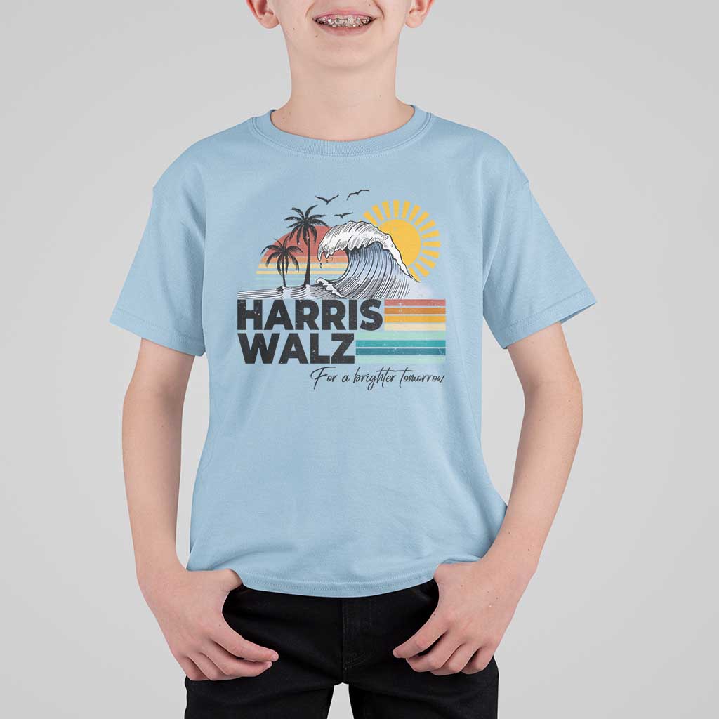 Harris Walz For A Brighter Tomorrow T Shirt For Kid Retro Sunshine Blue Wave Coconut Tree - Wonder Print Shop