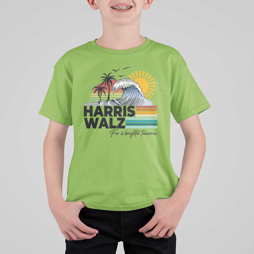 Harris Walz For A Brighter Tomorrow T Shirt For Kid Retro Sunshine Blue Wave Coconut Tree - Wonder Print Shop