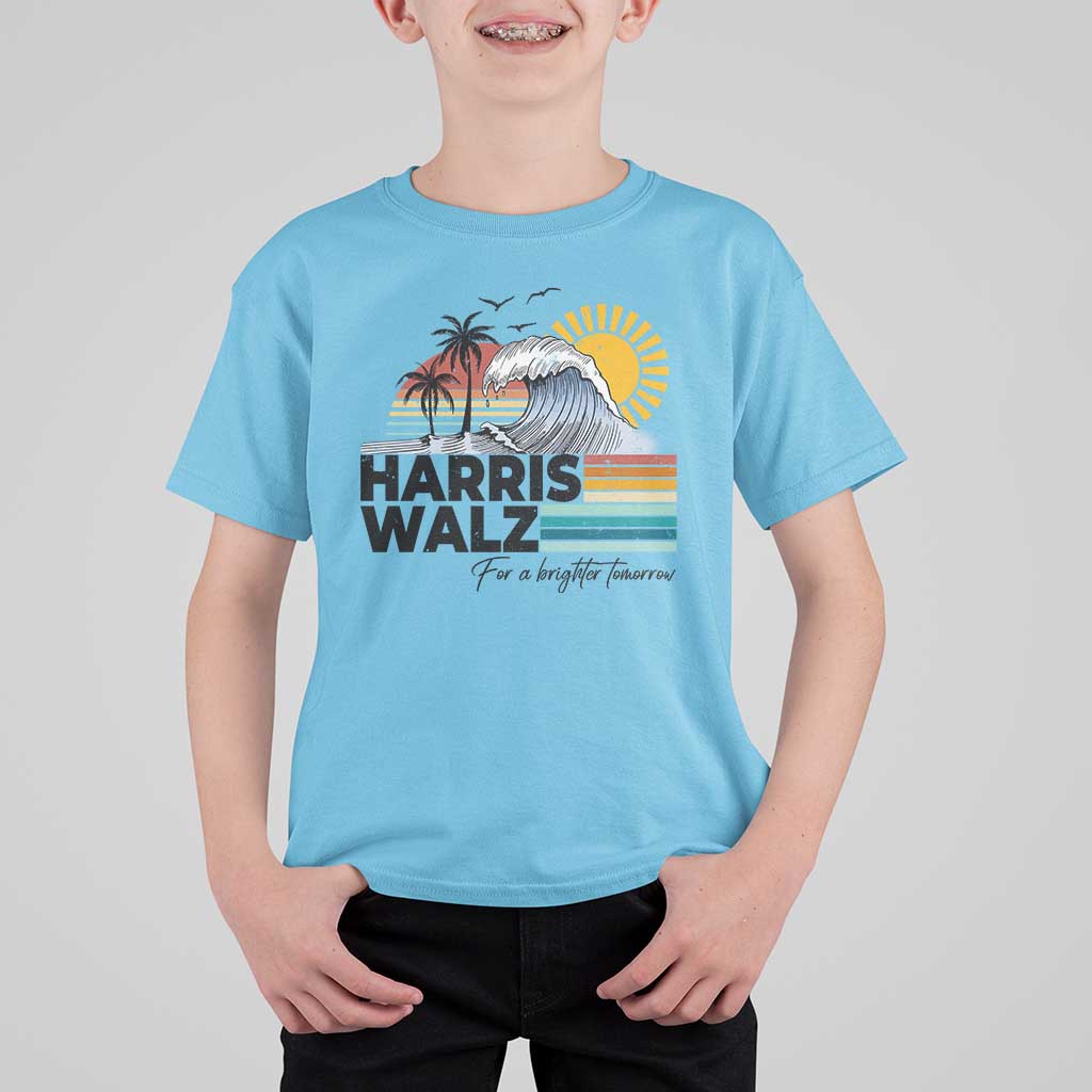 Harris Walz For A Brighter Tomorrow T Shirt For Kid Retro Sunshine Blue Wave Coconut Tree - Wonder Print Shop