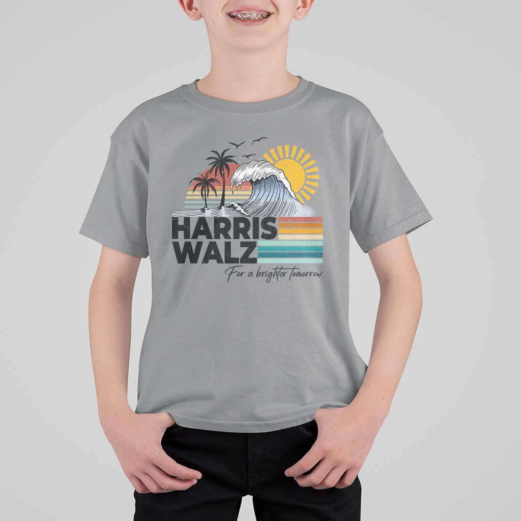 Harris Walz For A Brighter Tomorrow T Shirt For Kid Retro Sunshine Blue Wave Coconut Tree - Wonder Print Shop