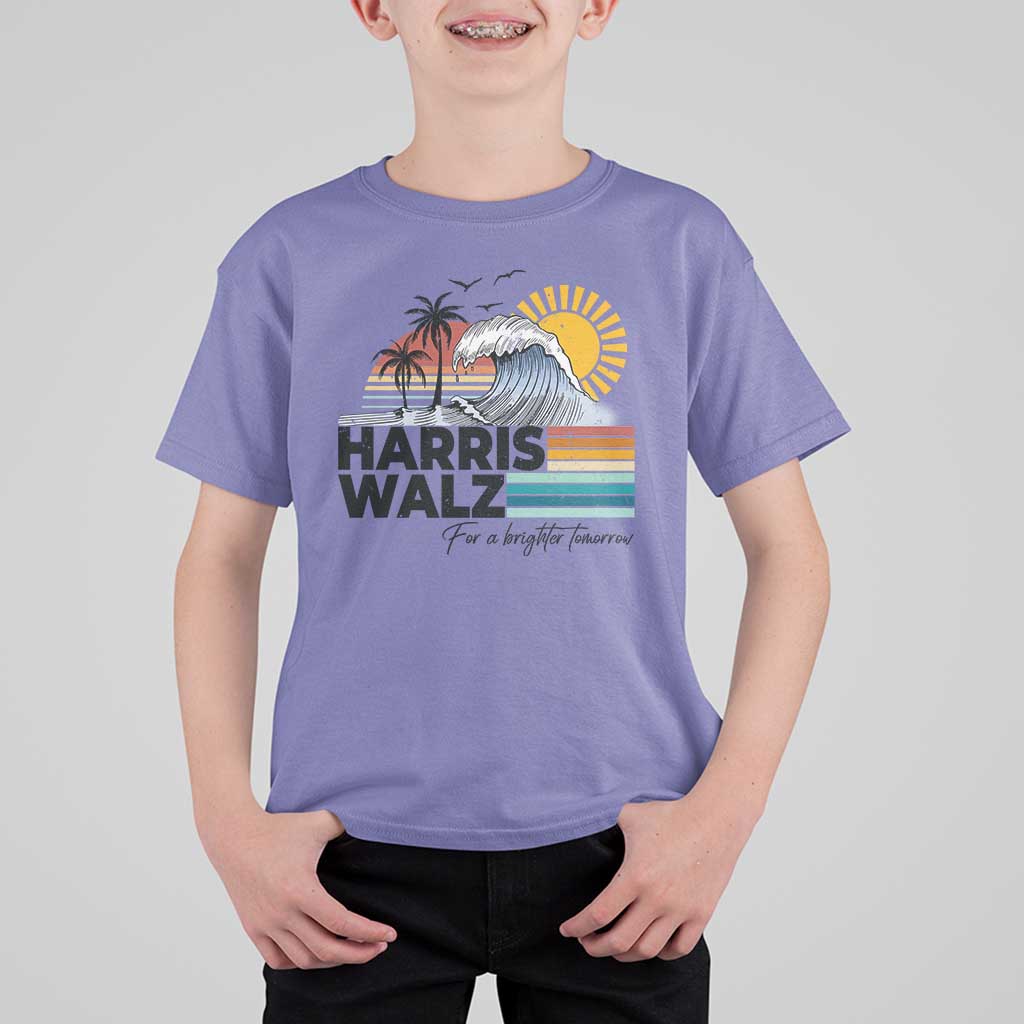 Harris Walz For A Brighter Tomorrow T Shirt For Kid Retro Sunshine Blue Wave Coconut Tree - Wonder Print Shop