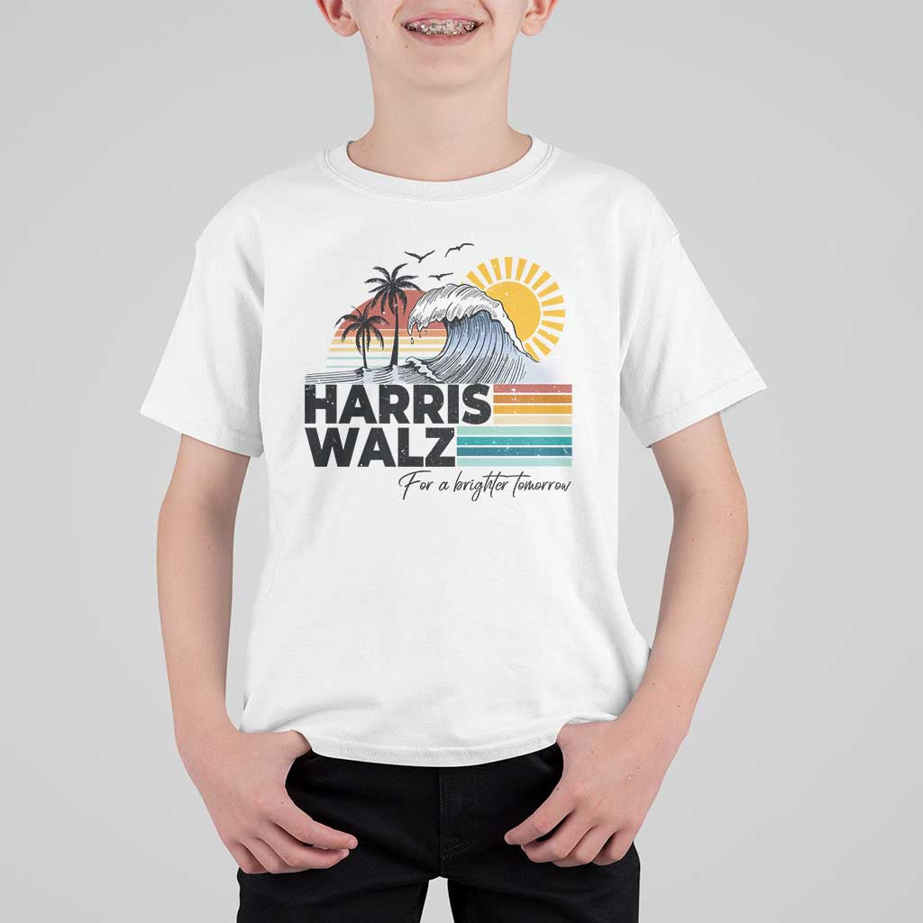 Harris Walz For A Brighter Tomorrow T Shirt For Kid Retro Sunshine Blue Wave Coconut Tree - Wonder Print Shop