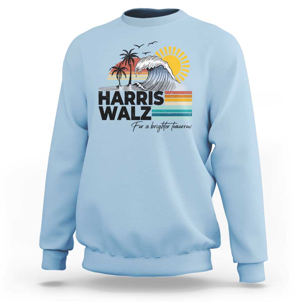 Harris Walz For A Brighter Tomorrow Sweatshirt Retro Sunshine Blue Wave Coconut Tree - Wonder Print Shop