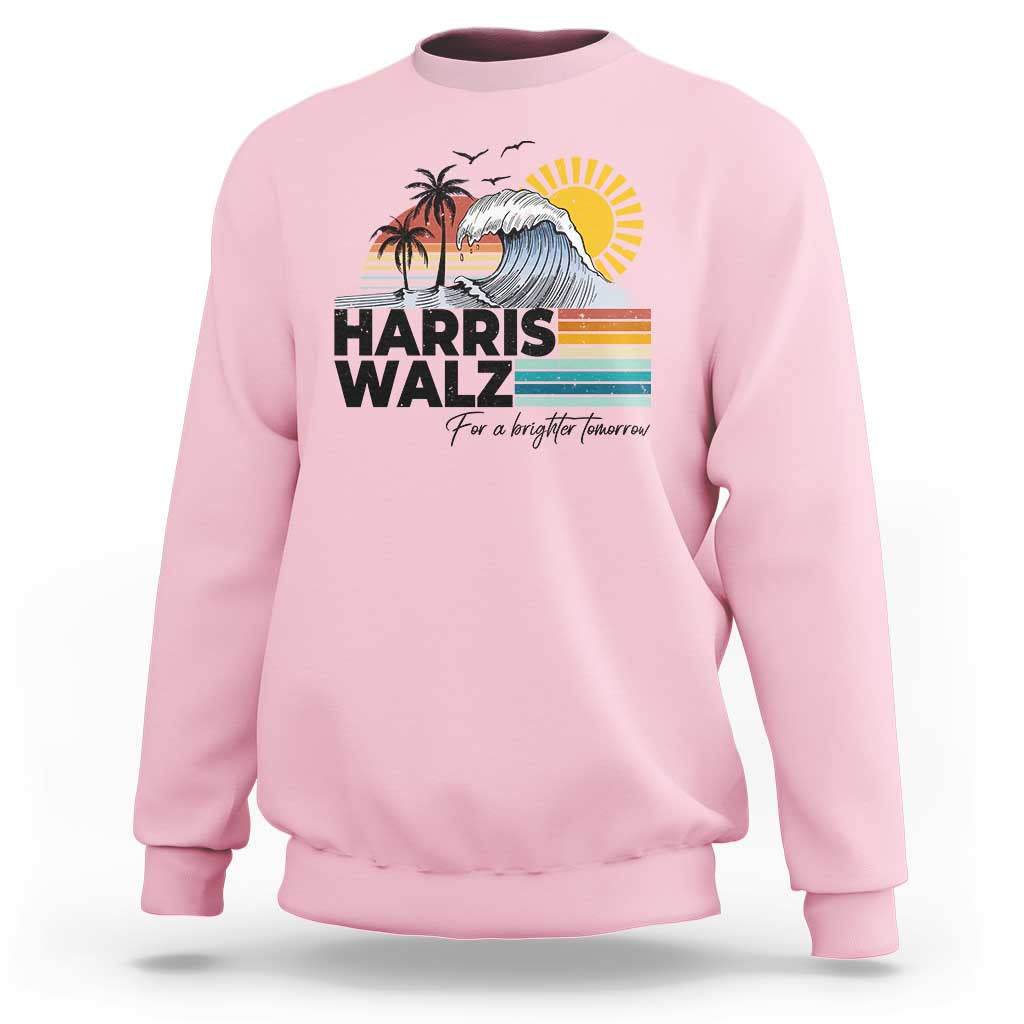 Harris Walz For A Brighter Tomorrow Sweatshirt Retro Sunshine Blue Wave Coconut Tree - Wonder Print Shop