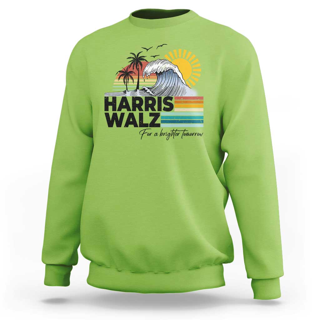 Harris Walz For A Brighter Tomorrow Sweatshirt Retro Sunshine Blue Wave Coconut Tree - Wonder Print Shop