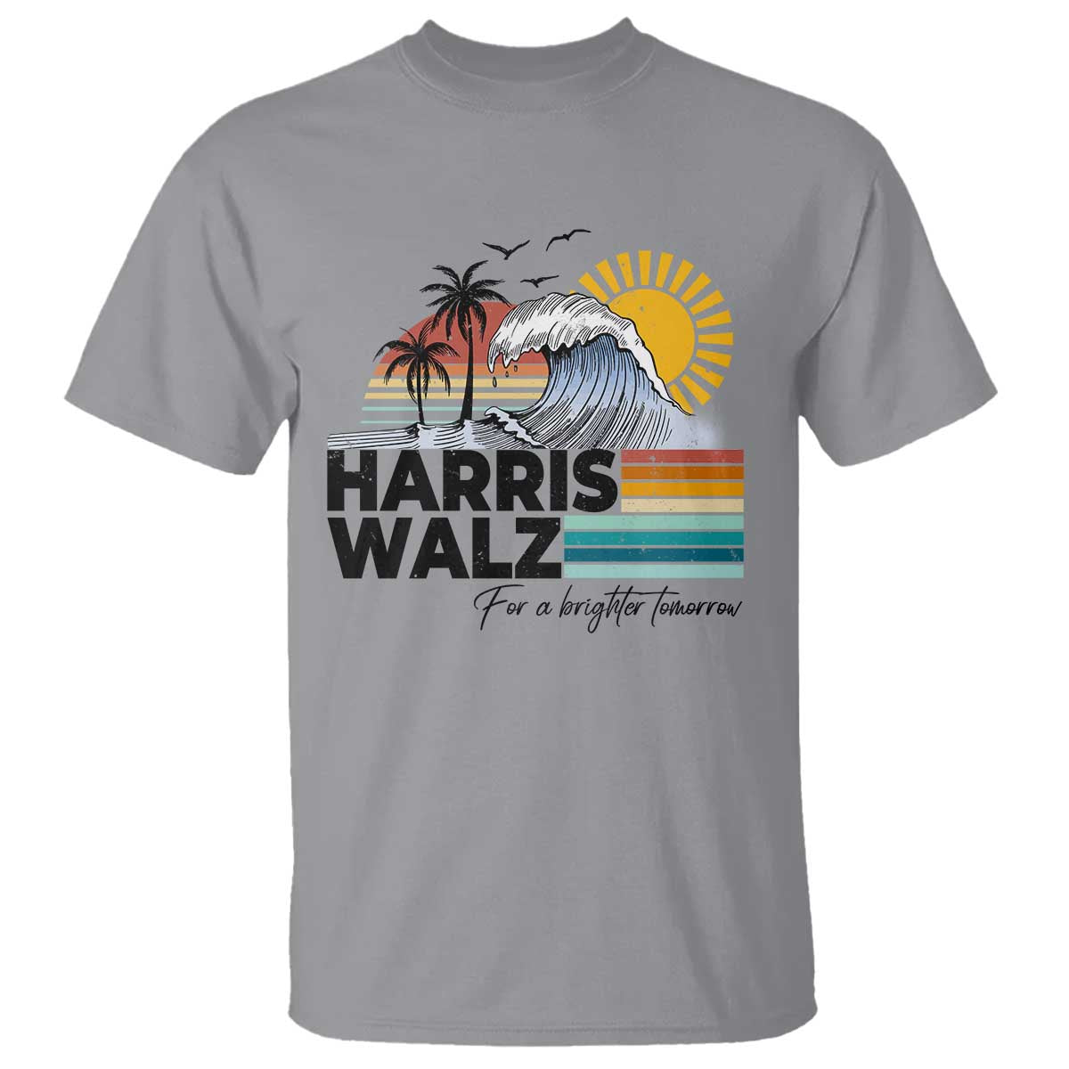 Harris Walz For A Brighter Tomorrow T Shirt Retro Sunshine Blue Wave Coconut Tree - Wonder Print Shop