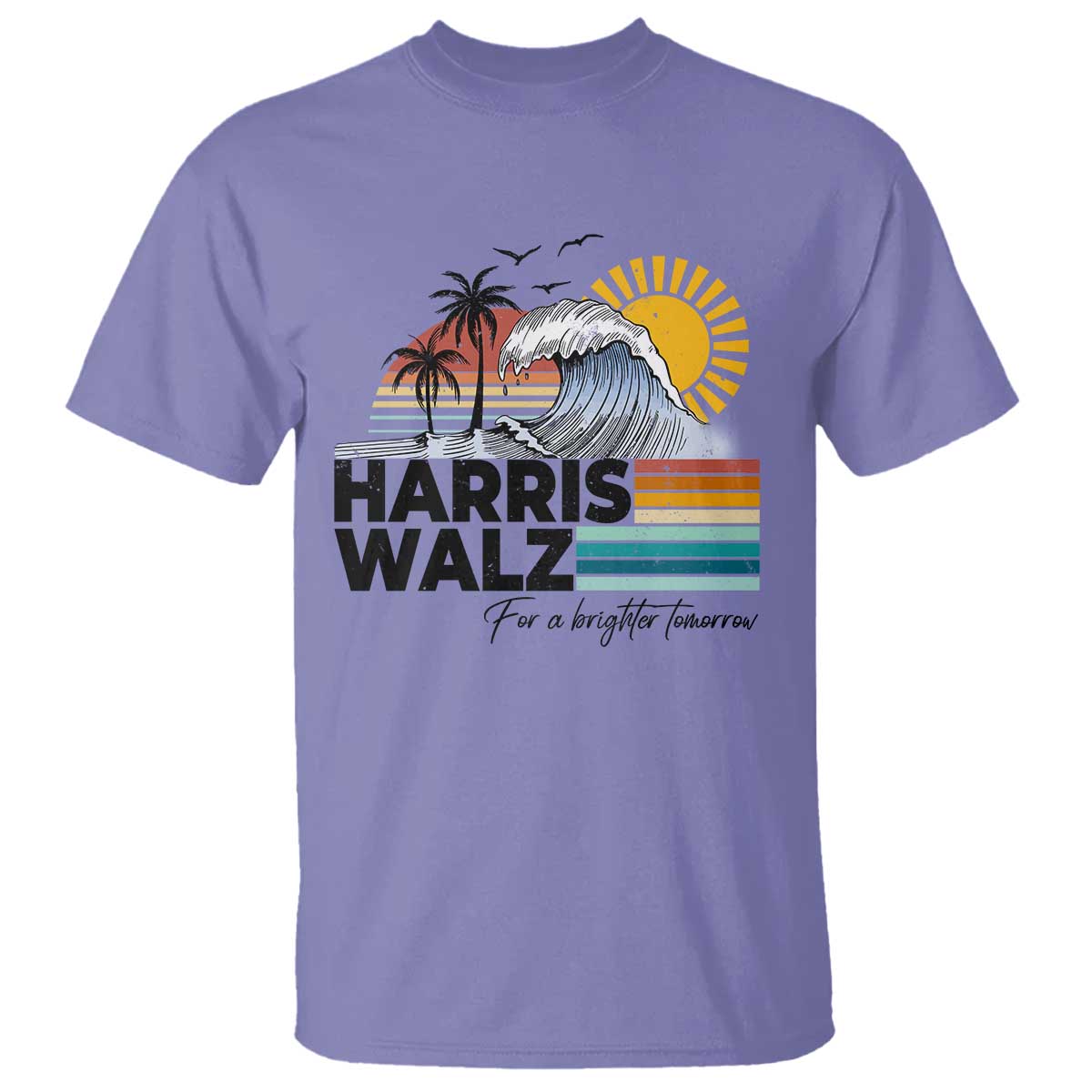 Harris Walz For A Brighter Tomorrow T Shirt Retro Sunshine Blue Wave Coconut Tree - Wonder Print Shop