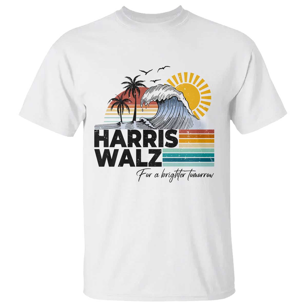 Harris Walz For A Brighter Tomorrow T Shirt Retro Sunshine Blue Wave Coconut Tree - Wonder Print Shop