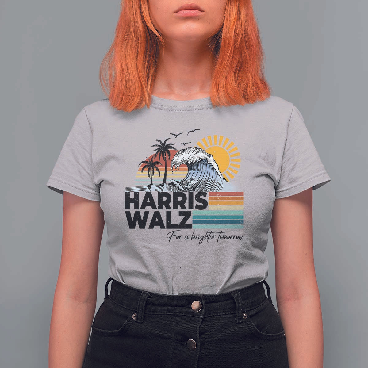 Harris Walz For A Brighter Tomorrow T Shirt For Women Retro Sunshine Blue Wave Coconut Tree - Wonder Print Shop