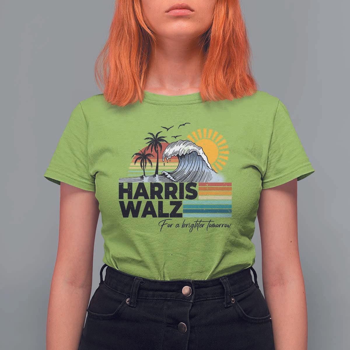 Harris Walz For A Brighter Tomorrow T Shirt For Women Retro Sunshine Blue Wave Coconut Tree - Wonder Print Shop