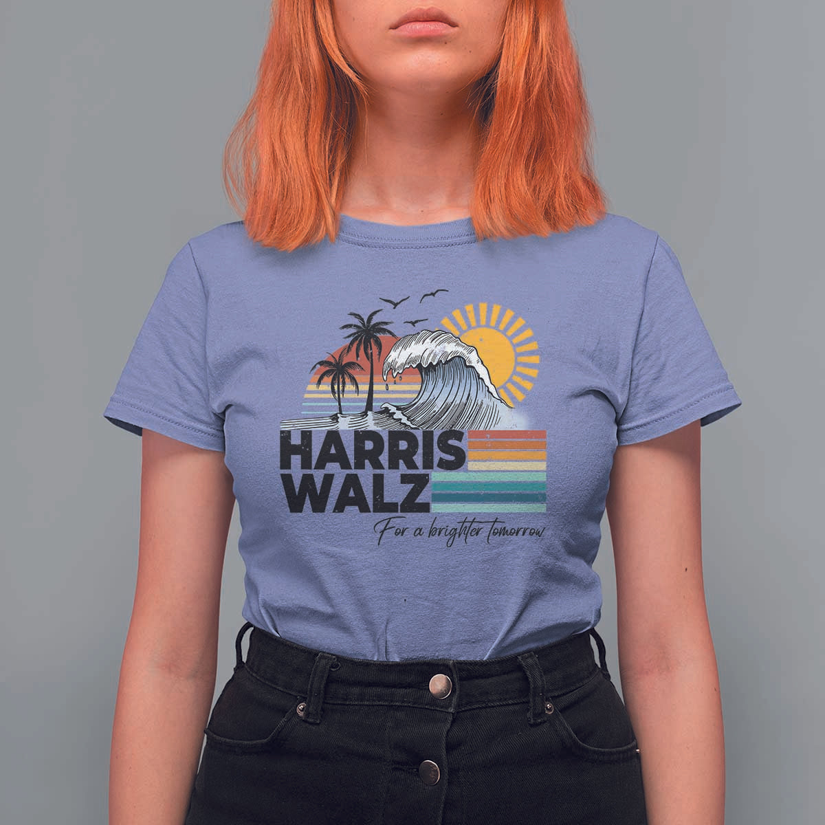 Harris Walz For A Brighter Tomorrow T Shirt For Women Retro Sunshine Blue Wave Coconut Tree - Wonder Print Shop