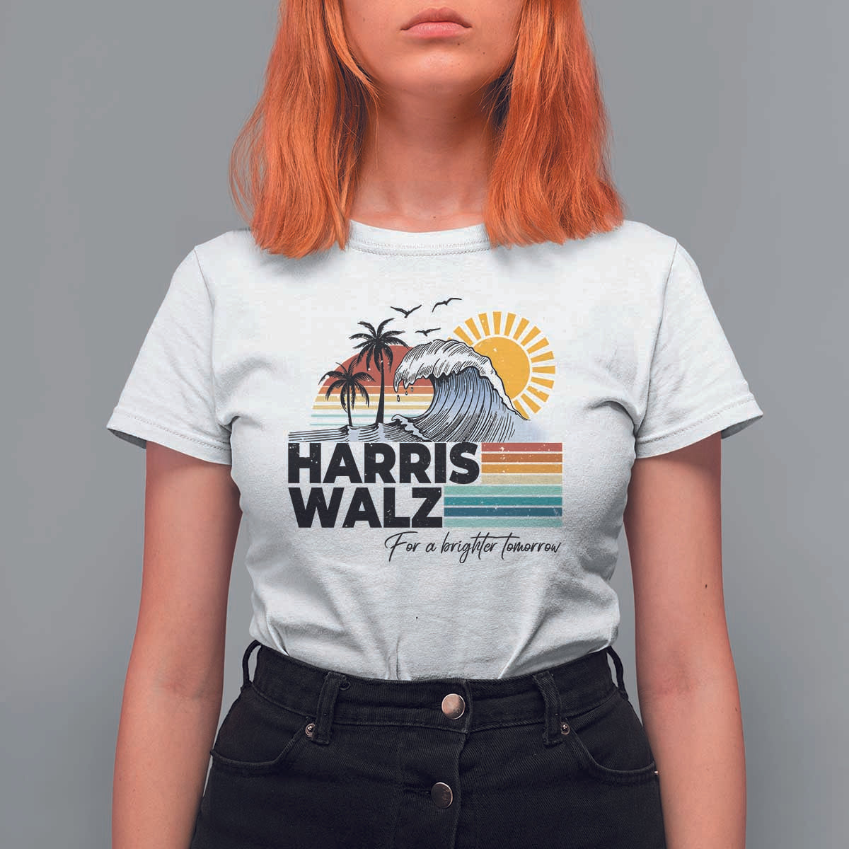 Harris Walz For A Brighter Tomorrow T Shirt For Women Retro Sunshine Blue Wave Coconut Tree - Wonder Print Shop