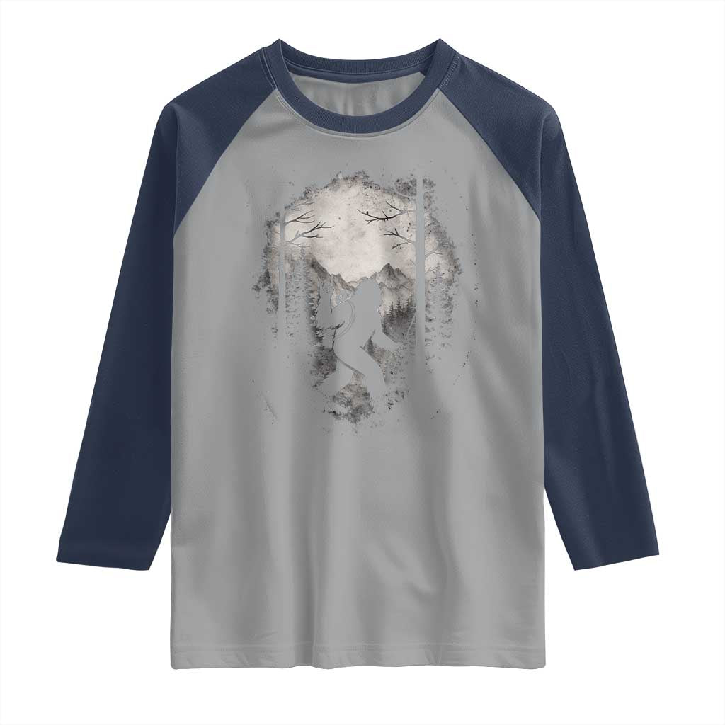 Funny Bigfoot Hiking Night Stroll Mountain Forest Raglan Shirt - Wonder Print Shop