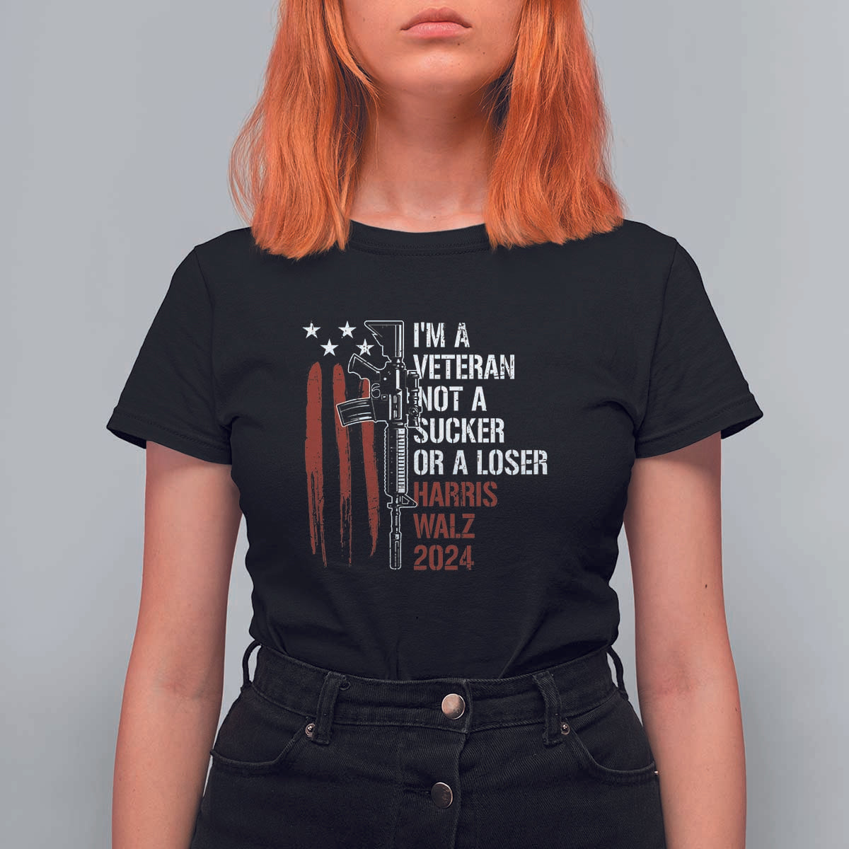 Harris Walz 2024 T Shirt For Women I'm A Veteran Not A Sucker Or A Loser American Flag Gun - Wonder Print Shop