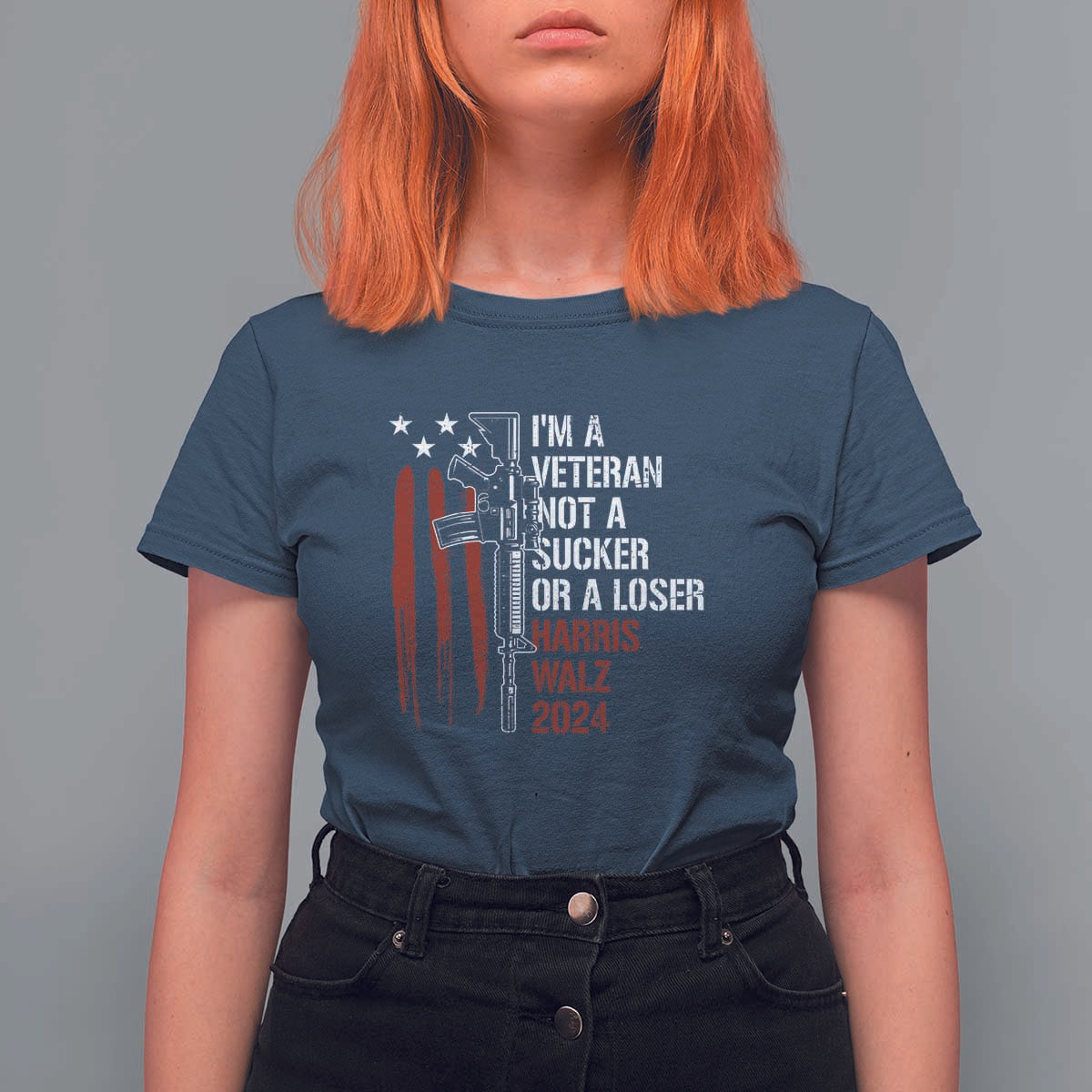 Harris Walz 2024 T Shirt For Women I'm A Veteran Not A Sucker Or A Loser American Flag Gun - Wonder Print Shop