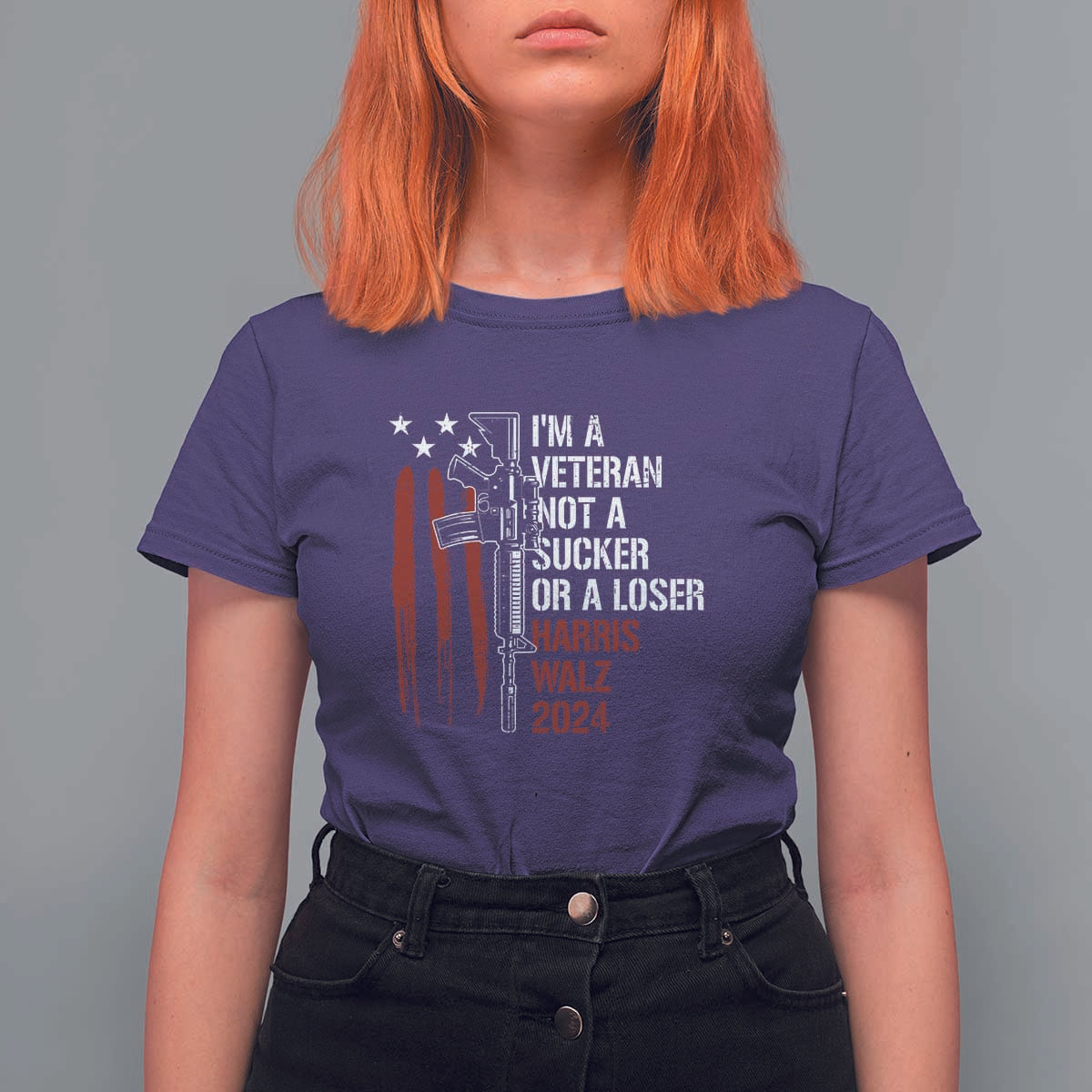 Harris Walz 2024 T Shirt For Women I'm A Veteran Not A Sucker Or A Loser American Flag Gun - Wonder Print Shop