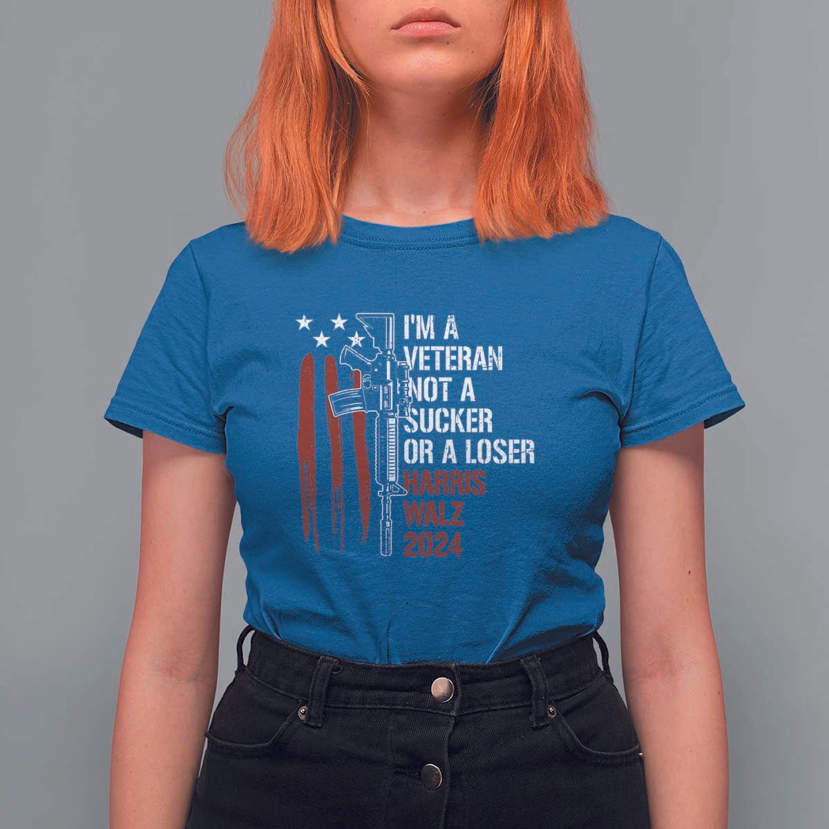 Harris Walz 2024 T Shirt For Women I'm A Veteran Not A Sucker Or A Loser American Flag Gun - Wonder Print Shop