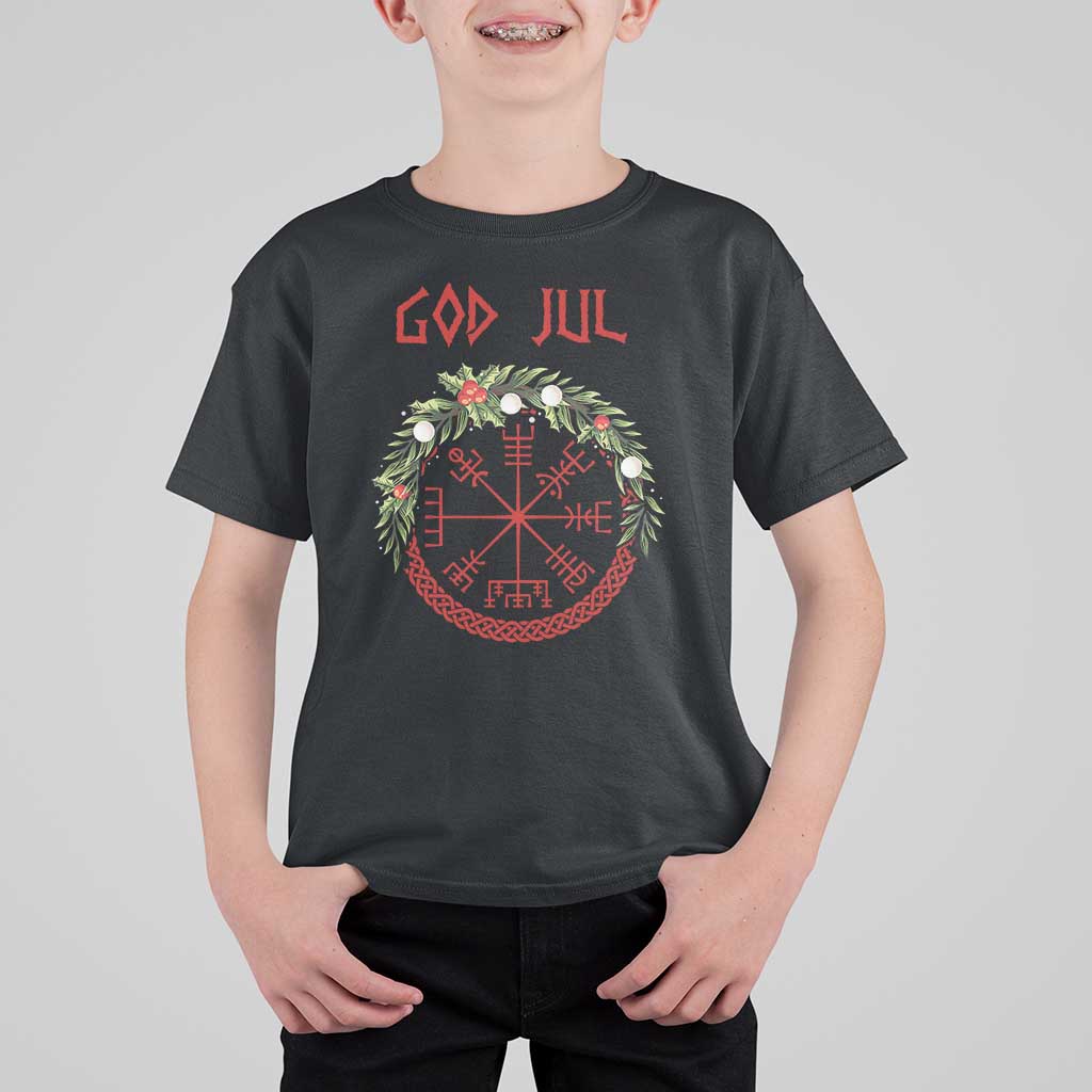 Yule Pagan T Shirt For Kid God Jul Christmas Nordic Vegvisir Wreath - Wonder Print Shop