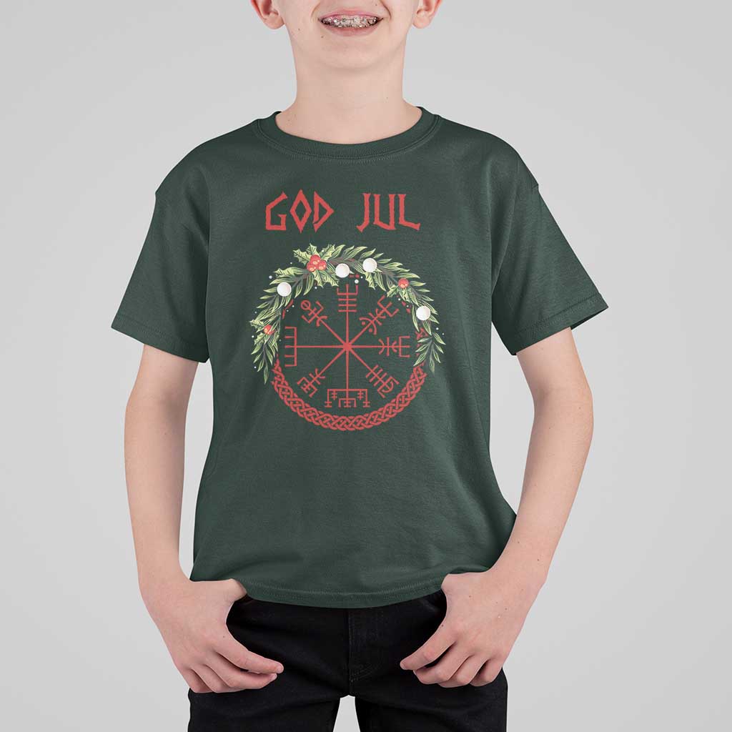 Yule Pagan T Shirt For Kid God Jul Christmas Nordic Vegvisir Wreath - Wonder Print Shop