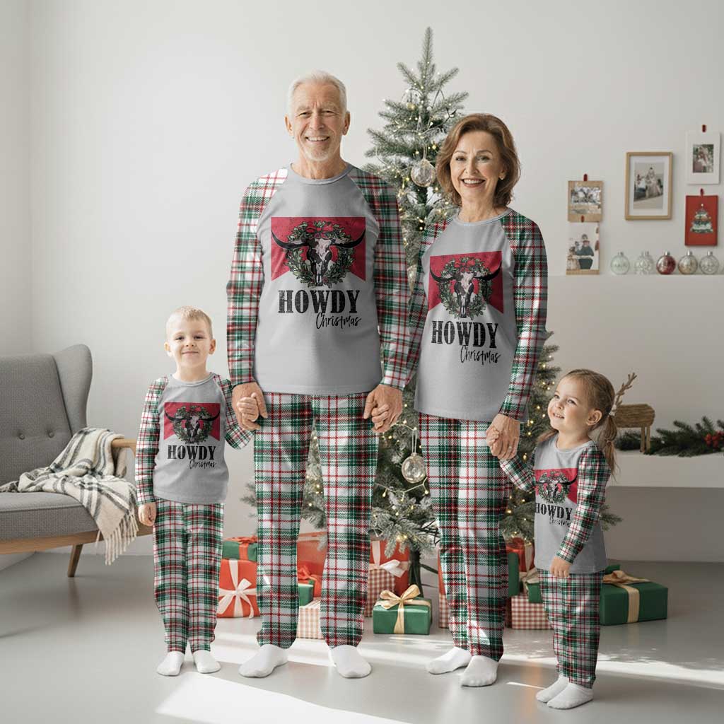 Western Xmas Plaid Pajama Set Howdy Christmas Cow Skull Xmas Wreath - Wonder Print Shop