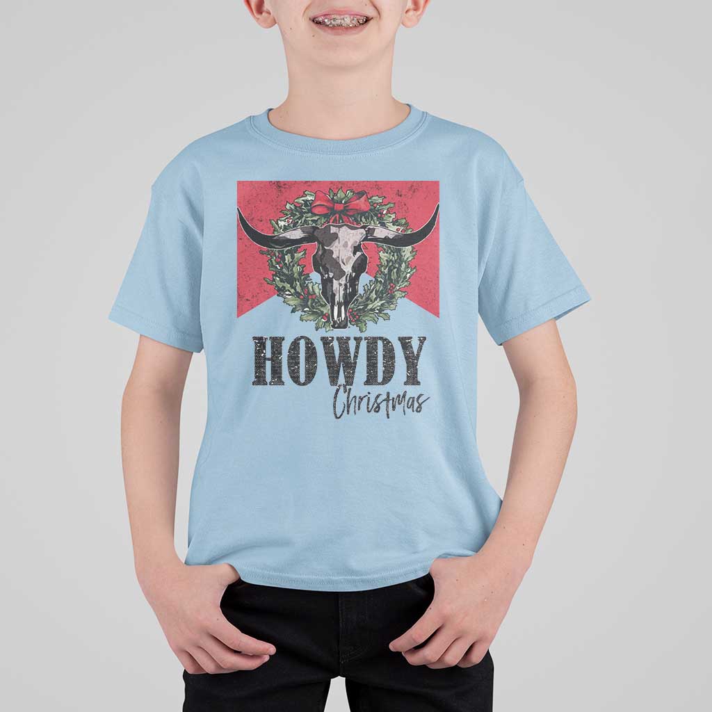 Western Xmas T Shirt For Kid Howdy Christmas Cow Skull Xmas Wreath - Wonder Print Shop