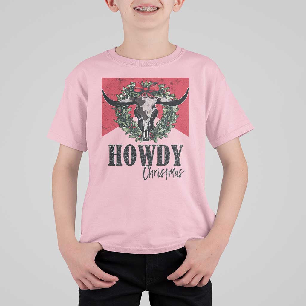 Western Xmas T Shirt For Kid Howdy Christmas Cow Skull Xmas Wreath - Wonder Print Shop