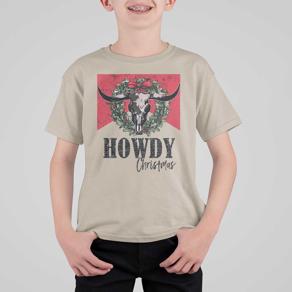 Western Xmas T Shirt For Kid Howdy Christmas Cow Skull Xmas Wreath - Wonder Print Shop