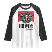 Western Howdy Christmas Raglan Shirt Longhorn Skull Xmas Wreath - Wonder Print Shop