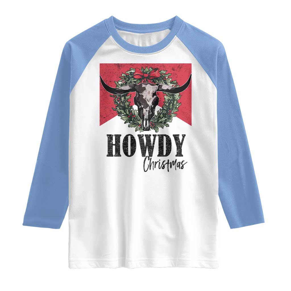 Western Howdy Christmas Raglan Shirt Longhorn Skull Xmas Wreath - Wonder Print Shop