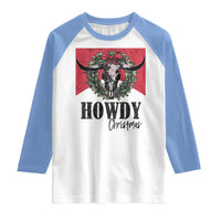 Western Howdy Christmas Raglan Shirt Longhorn Skull Xmas Wreath - Wonder Print Shop