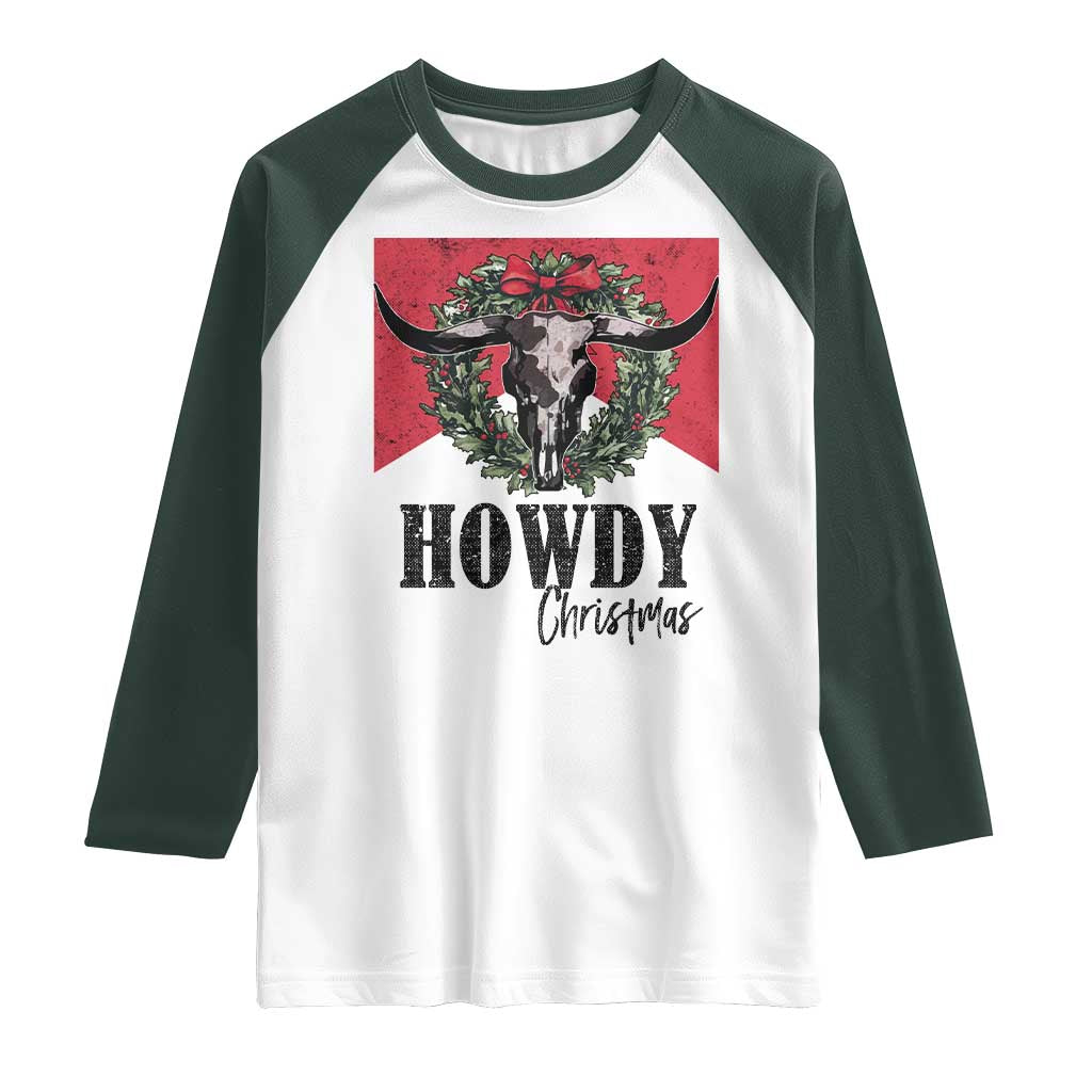 Western Howdy Christmas Raglan Shirt Longhorn Skull Xmas Wreath - Wonder Print Shop