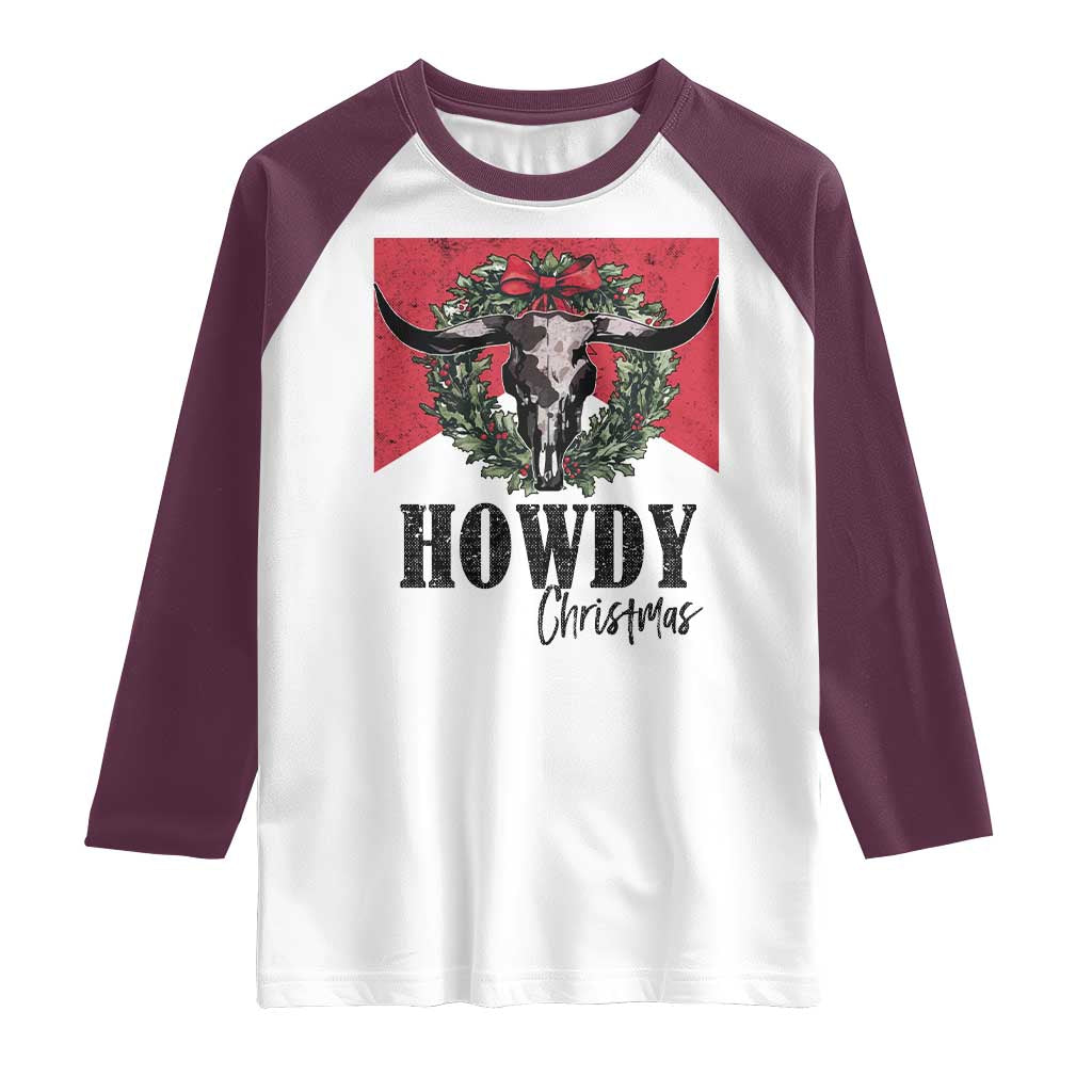 Western Howdy Christmas Raglan Shirt Longhorn Skull Xmas Wreath - Wonder Print Shop
