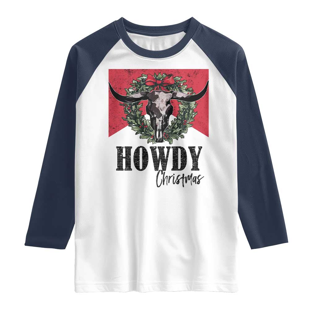 Western Howdy Christmas Raglan Shirt Longhorn Skull Xmas Wreath - Wonder Print Shop
