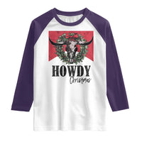 Western Howdy Christmas Raglan Shirt Longhorn Skull Xmas Wreath - Wonder Print Shop