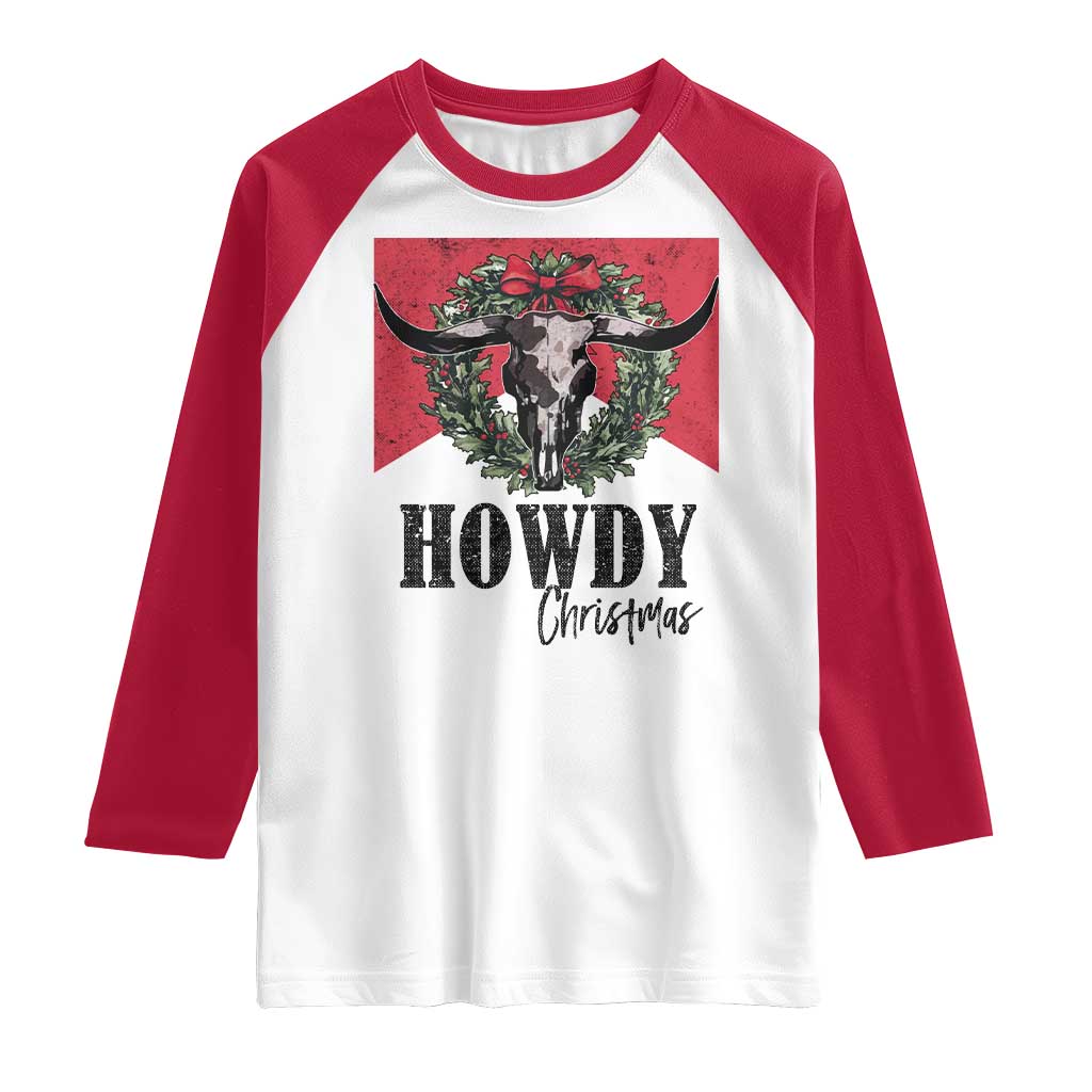 Western Howdy Christmas Raglan Shirt Longhorn Skull Xmas Wreath - Wonder Print Shop