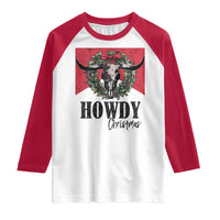 Western Howdy Christmas Raglan Shirt Longhorn Skull Xmas Wreath - Wonder Print Shop