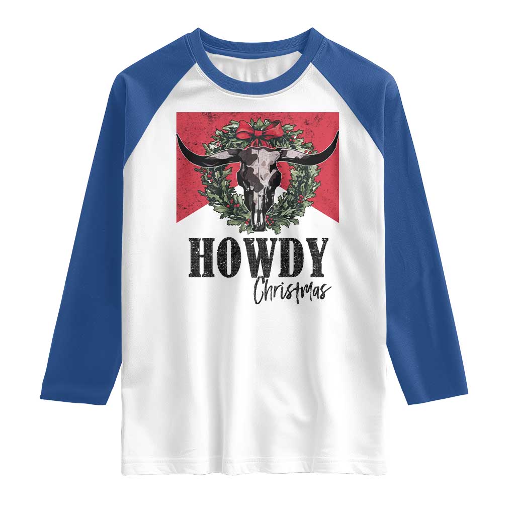 Western Howdy Christmas Raglan Shirt Longhorn Skull Xmas Wreath - Wonder Print Shop
